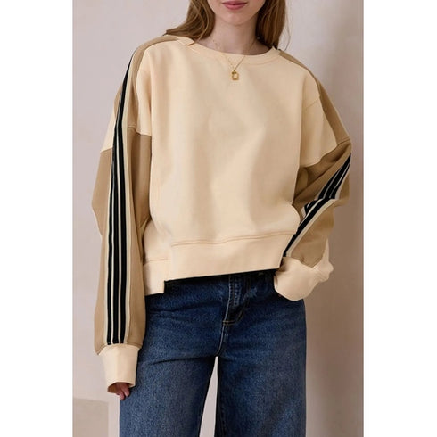 'Stellarae' Striped Long Sleeve Beige Sweater - Celes Fashion